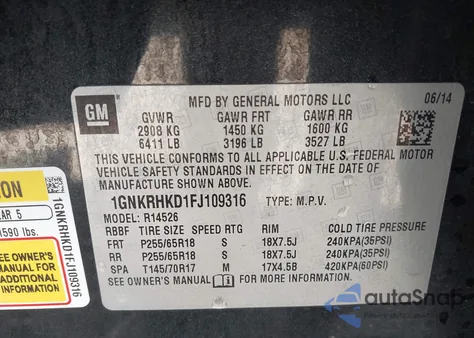 2015 Chevrolet Traverse 2Lt from USA, damaged, VIN 1GNKRHKD1FJ109316